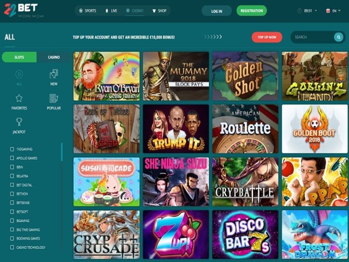 22Bet избор на онлајн казино игри